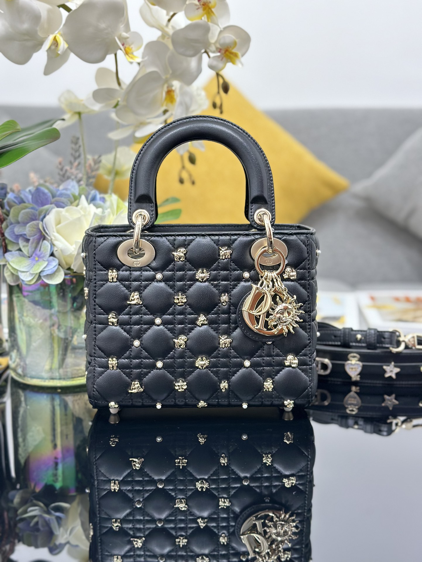 Small Lady Dior Bag Black Lambskin with Star Sign Nail